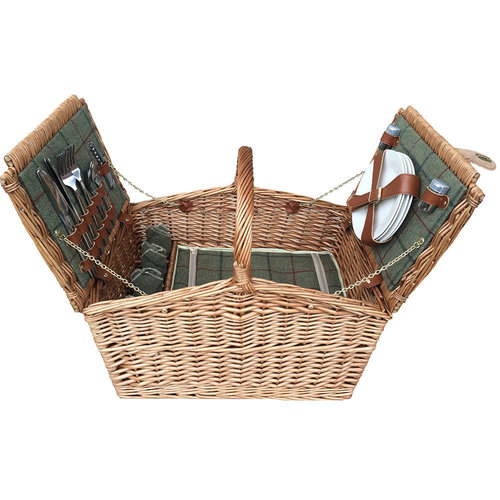 4 Person Willow Green Tweed Picnic Basket