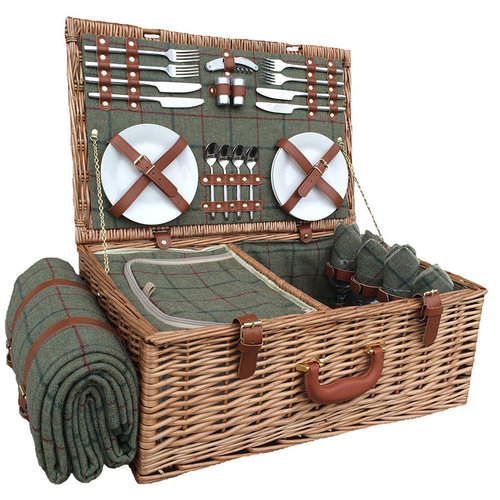 4 Person Green Tweed Willow Picnic Basket