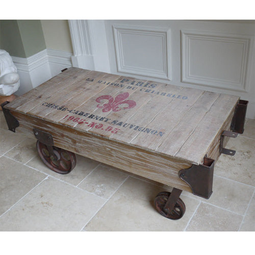 Rustic Wooden Railway Style Coffee Table On Wheels