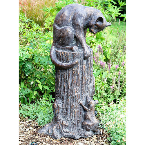 Cat Taunting Mouse Tree Stump Sculpture