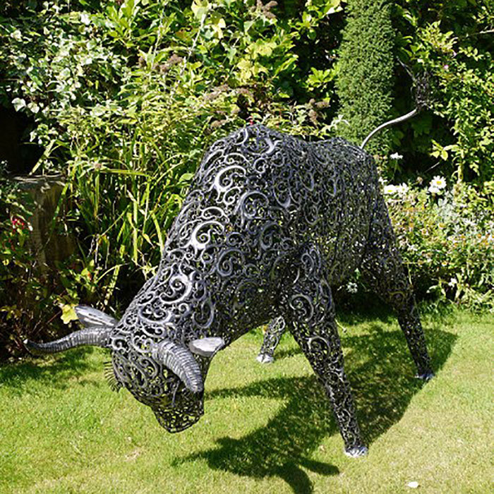 Large Farmyard Animal Sculptures Metal Bull Garden - Candle and Blue