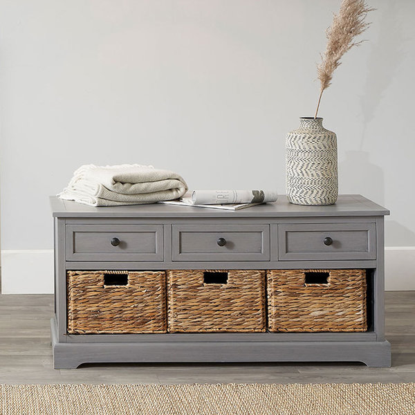 Thabana Grey Wooden 3 Drawers and Basket Seat Bench